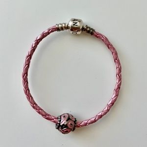 Pandora Pink Leather Bracelet with pink ribbon breast cancer charm